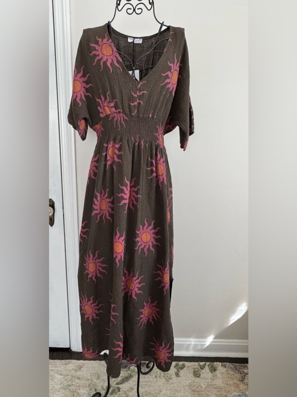 NWT Brown Sun-Print Midi/Maxi Dress with Pink Accents